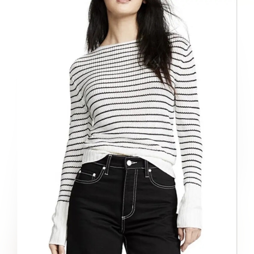 Theory Striped Boatneck Pullover Sweater Top Size Medium Ribbed Stretch Viscose